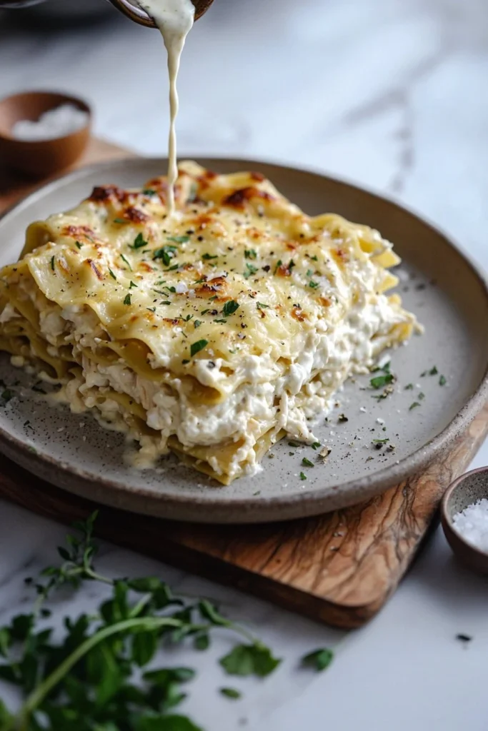Creamy chicken lasagna with layers of cheese and chicken.