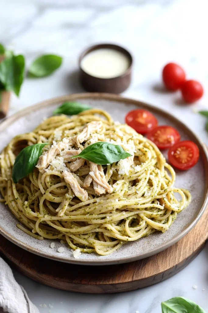 Creamy chicken pesto pasta dish with basil and parmesan cheese