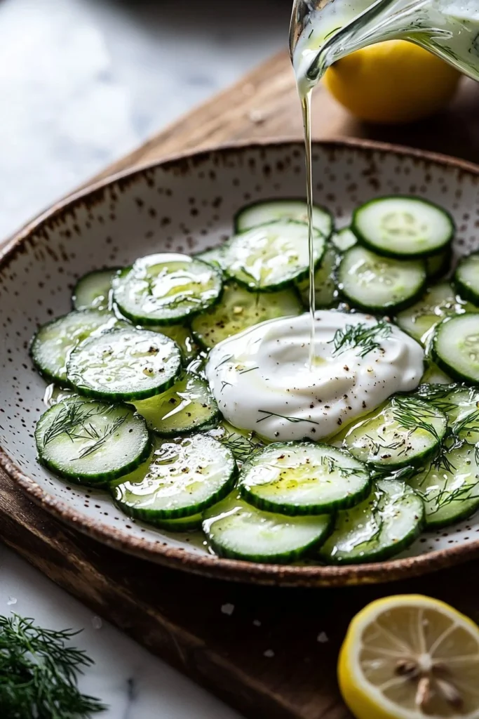 Creamy cucumber salad served in a bowl with fresh herbs and dressing