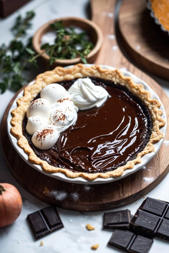 Creamy dark chocolate pumpkin tart served on a decorative plate