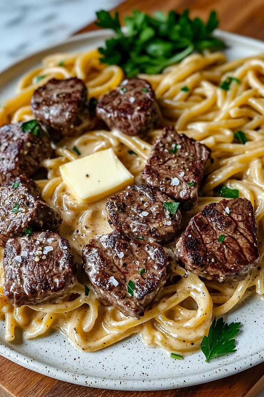 Creamy Garlic Butter Steak Bites with Pasta