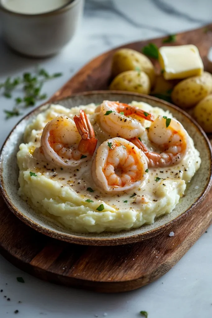 Plate of creamy garlic shrimp alongside creamy mashed potatoes