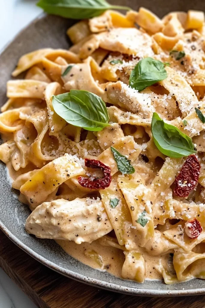 Delicious creamy Marry Me Chicken pasta dish served on a white plate