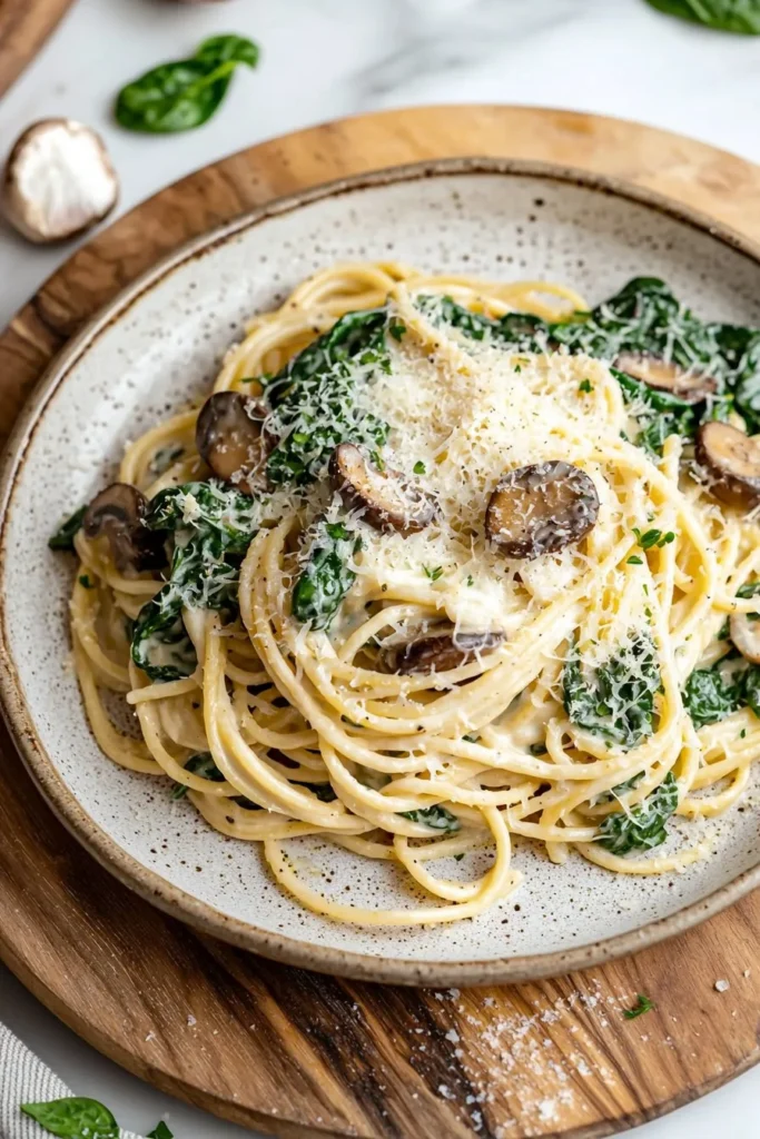Creamy Parmesan Spinach Mushroom Pasta garnished with fresh herbs