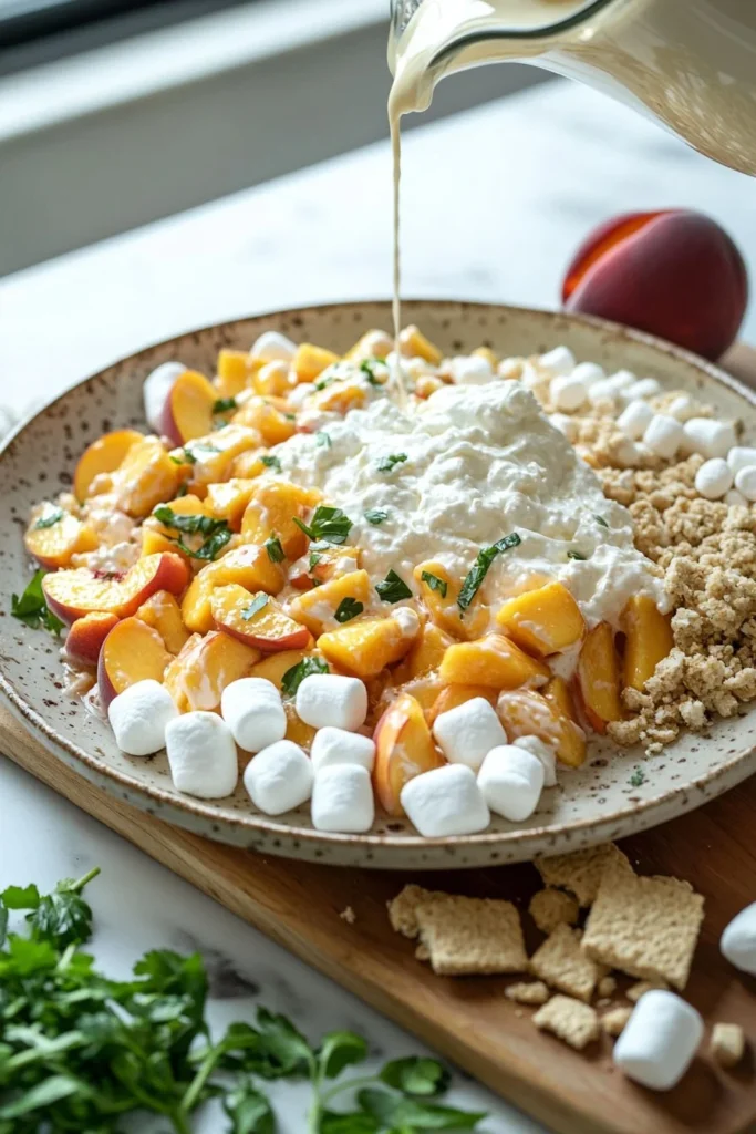 Creamy peach cheesecake salad with fresh peaches and whipped cream