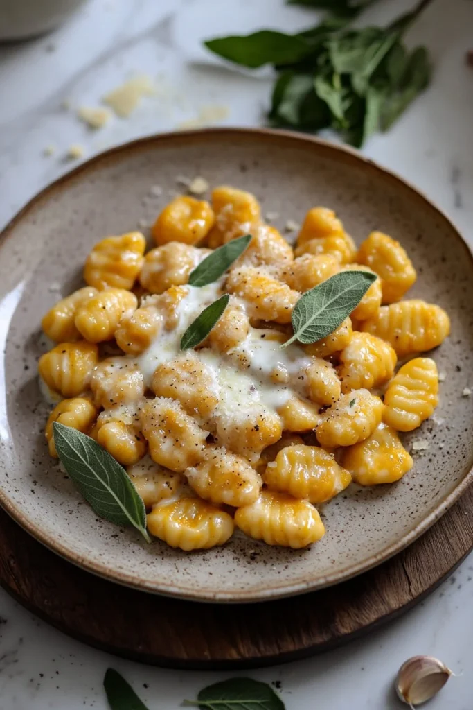 Creamy pumpkin gnocchi served with sage and parmesan