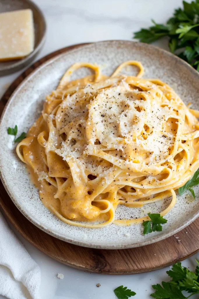 Bowl of creamy pumpkin pasta topped with herbs and cheese