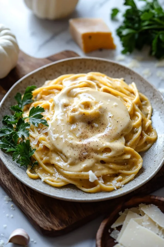 Creamy pumpkin pasta sauce served with twirled pasta and fresh herbs