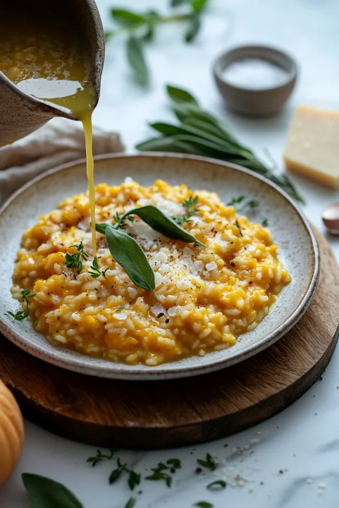 Creamy pumpkin risotto garnished with herbs and parmesan cheese