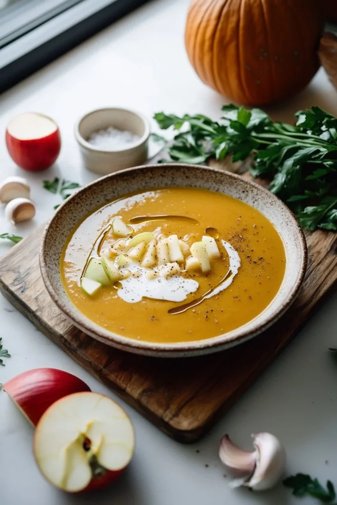 Bowl of creamy roasted apple pumpkin soup garnished with herbs.
