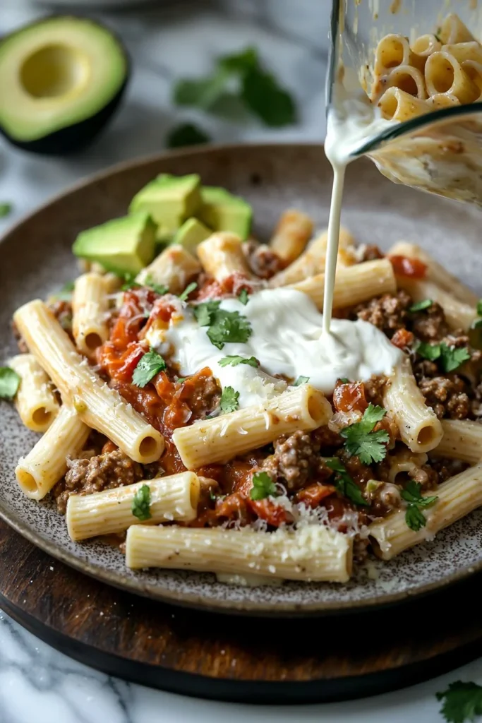 Creamy Rotel pasta dish topped with ground beef, cheese, and herbs.