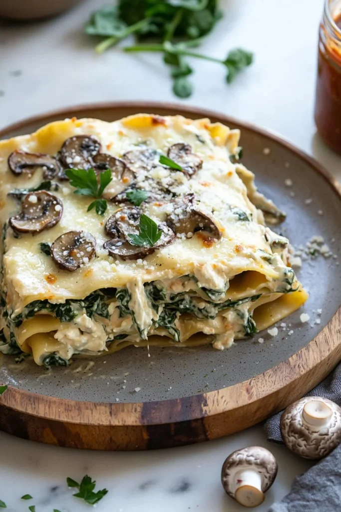 Creamy spinach mushroom lasagna featuring layers of pasta, cheese, and veggies.