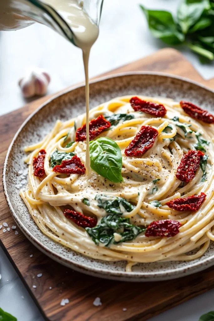 Creamy sun-dried tomato vegan pasta served on a plate with fresh herbs.