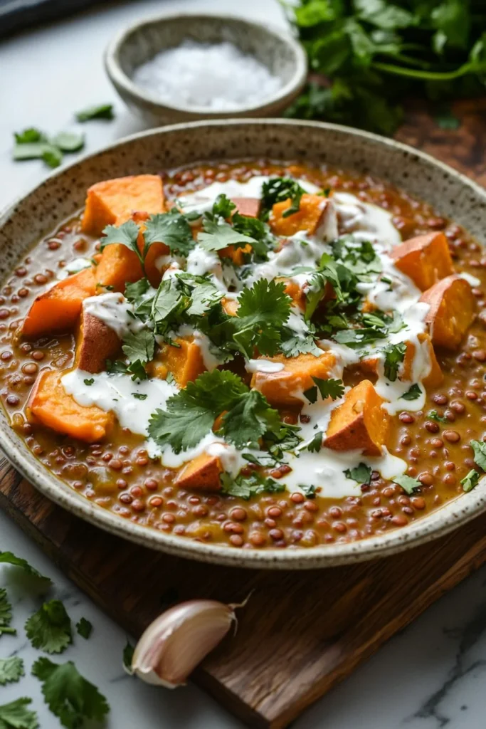 Creamy sweet potato red lentil curry in a bowl, garnished with fresh herbs.
