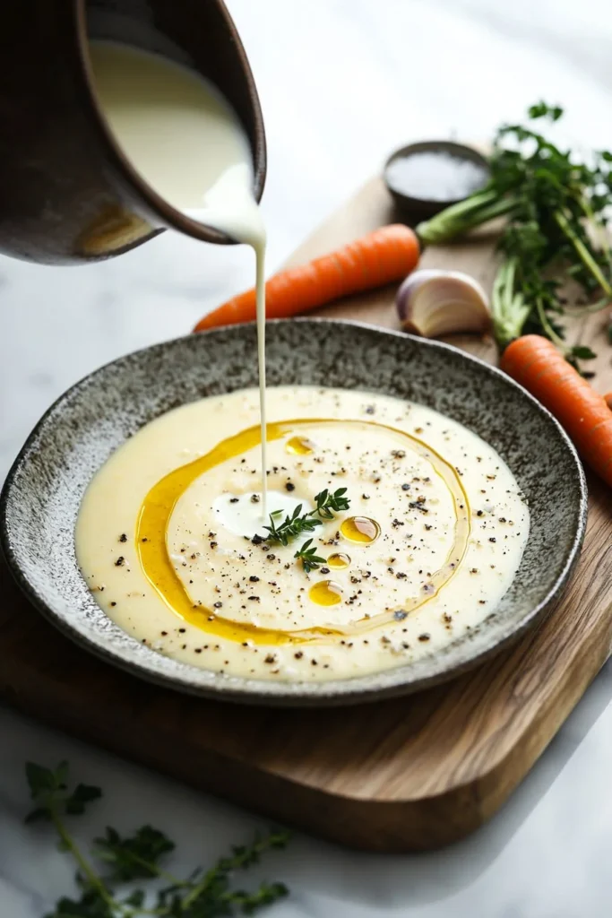 Bowl of creamy and tasty carrot soup garnished with herbs