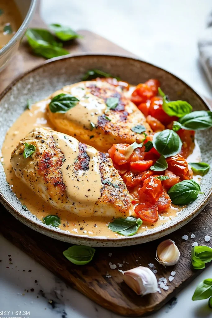 Creamy tomato chicken breast dish garnished with herbs