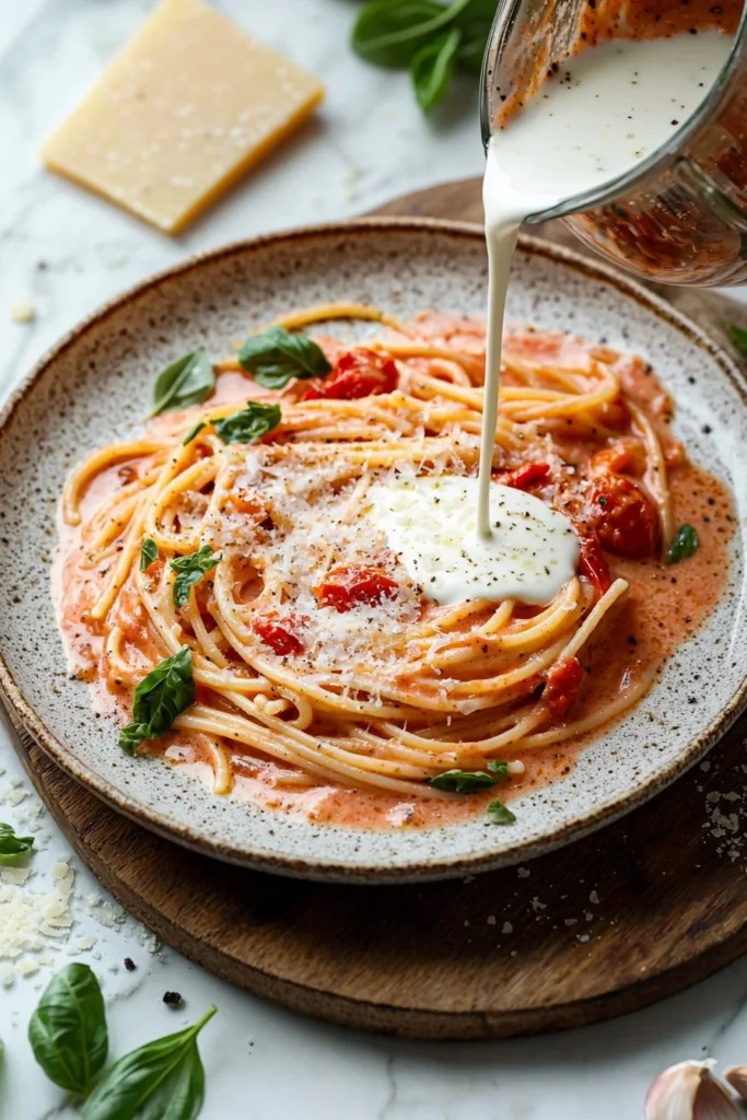 Creamy tomato pasta sauce in a bowl, garnished with fresh herbs.