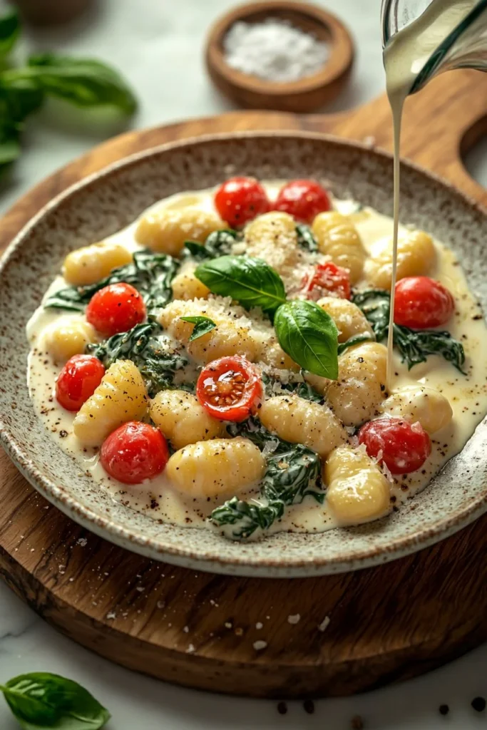 Plate of creamy Tuscan gnocchi garnished with herbs and sauce
