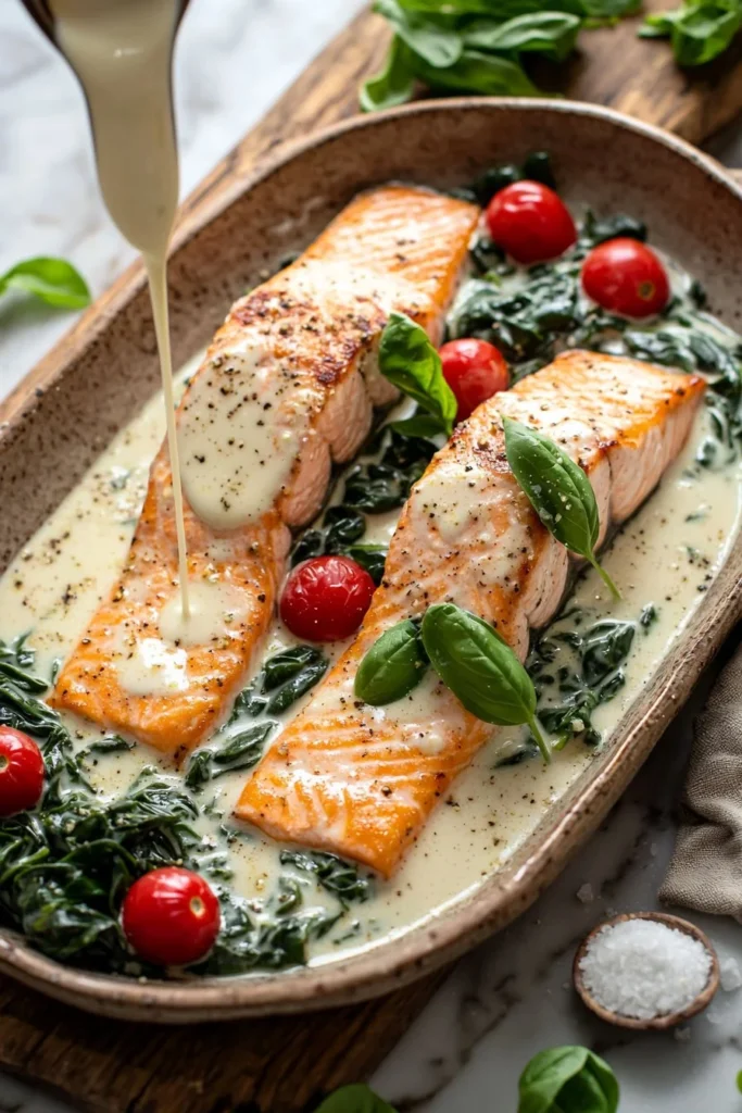Delicious creamy Tuscan salmon dish with vibrant herbs and spices