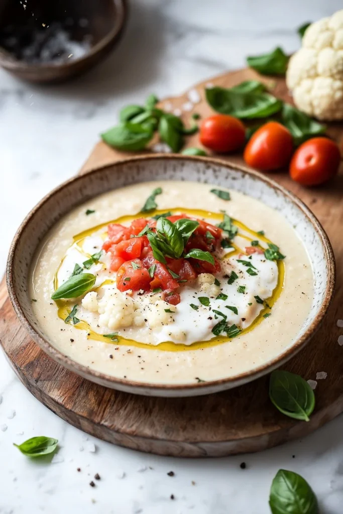 Creamy vegan tomato and cauliflower bisque served in a bowl