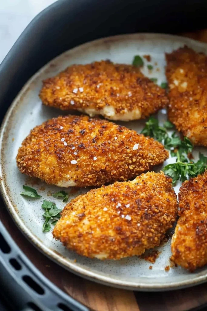 Crispy air fryer breaded chicken breast on a plate with herbs