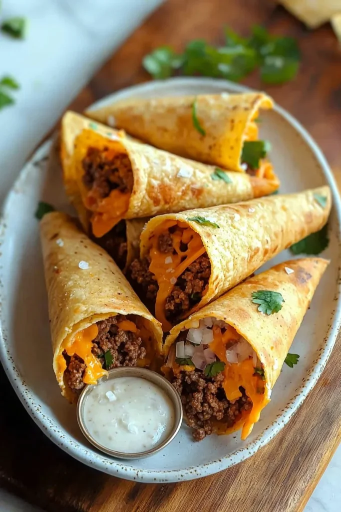Delicious crispy beef cones served as a tasty appetizer.