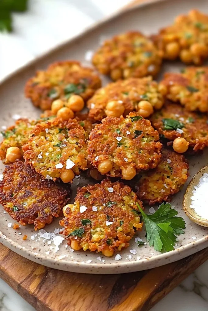Plate of crispy chickpea fritters garnished with herbs