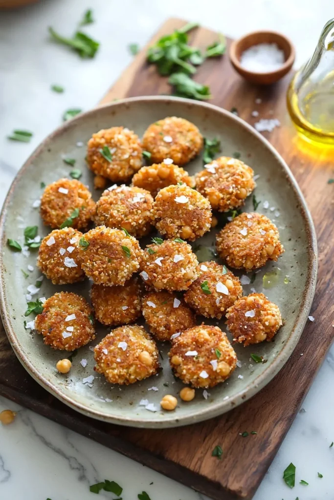 Plate of crispy chickpea fritters garnished with herbs