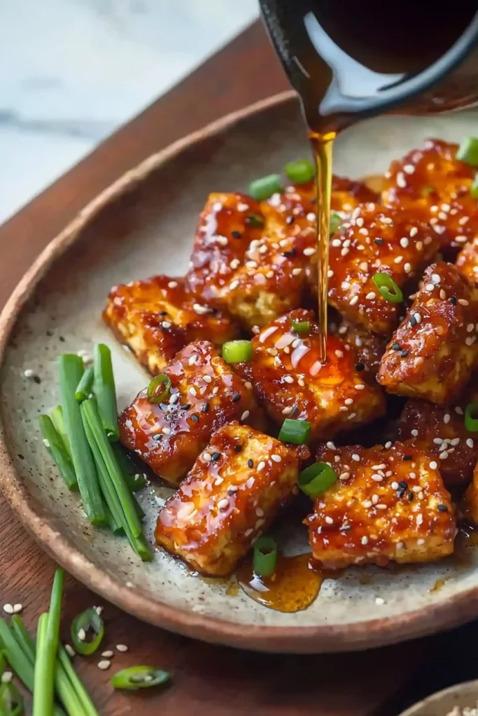Plate of crispy gochujang tofu garnished with vegetables