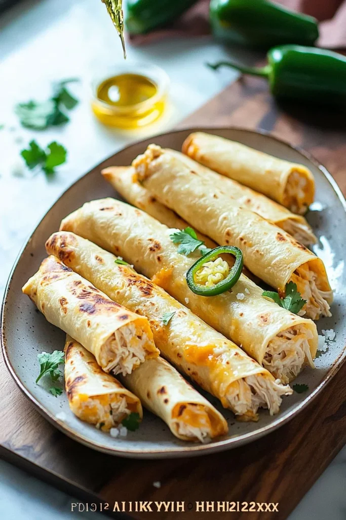 Crispy jalapeño popper chicken taquitos served with dipping sauce