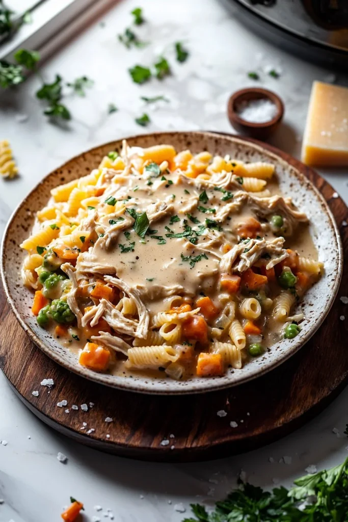Crock Pot Chicken Pot Pie Pasta served in a bowl with fresh herbs