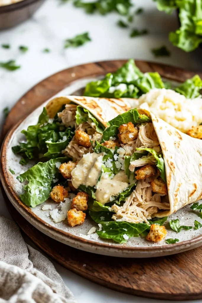 Crunchy Chicken Caesar Wraps with fresh ingredients in a tortilla