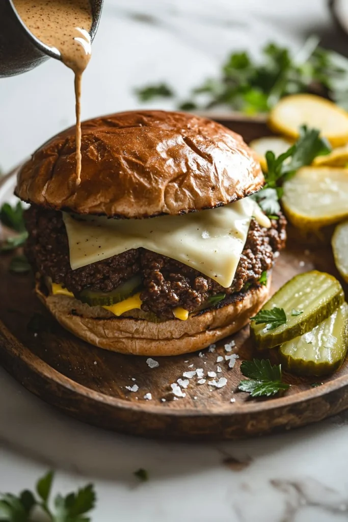 Delicious Cuban Beef Burger topped with fresh ingredients and served on a bun.