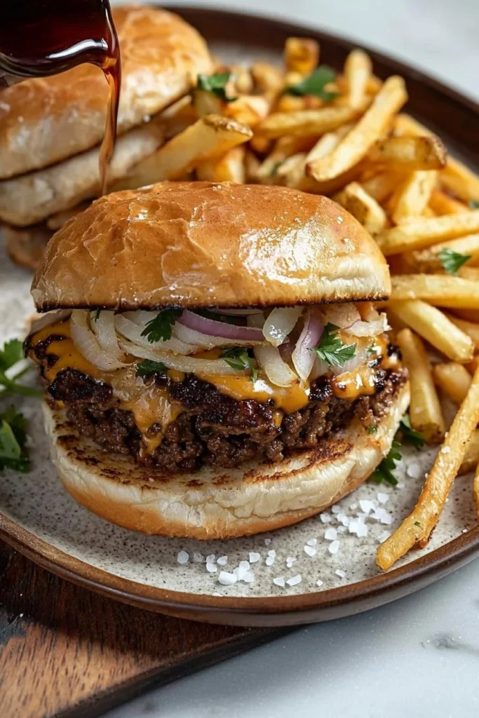 Cuban Frita Burger topped with crispy potatoes and served on a bun