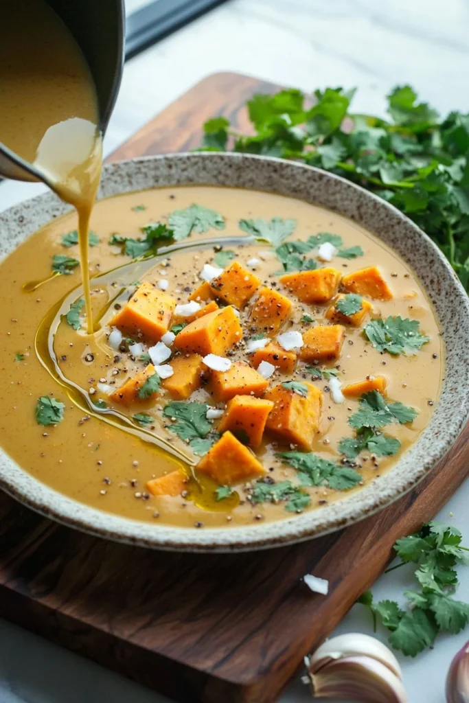 A bowl of curried sweet potato soup garnished with herbs and spices