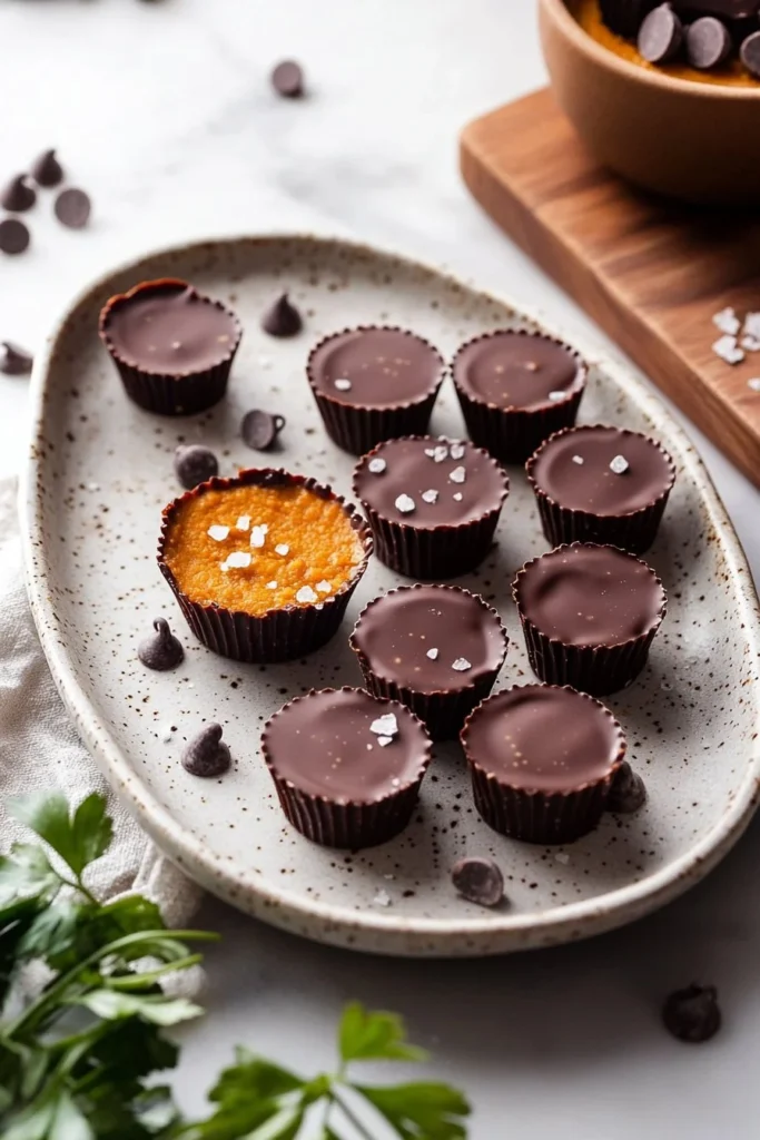 Dairy free chocolate pumpkin butter cups on a rustic wooden table