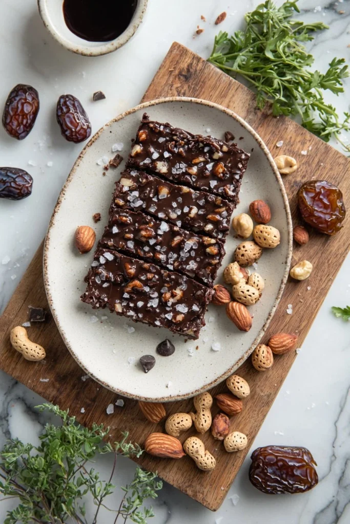 Dark chocolate sea salt nut bars with nuts and a sprinkle of sea salt