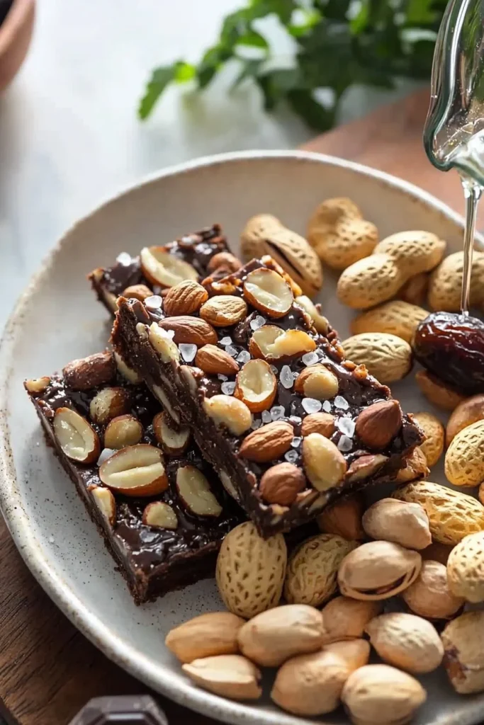Dark chocolate sea salt nut bars with nuts on a wooden background