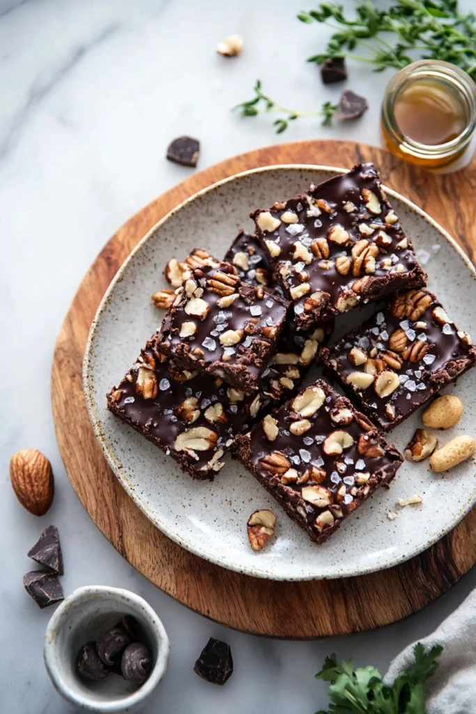 Dark chocolate sea salt nut bars with nuts and chocolate on a plate