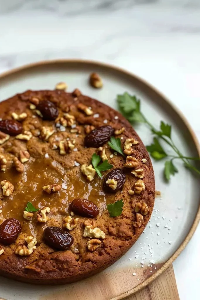 Date and Walnut Cake with nuts served on a wooden table