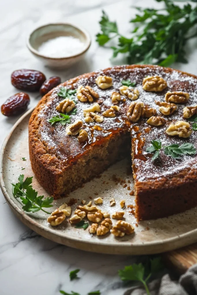 Sliced Date and Walnut Cake with nuts and dates on a wooden table