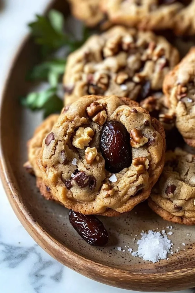 Deliciously baked Date and Walnut Cookies on a wooden plate