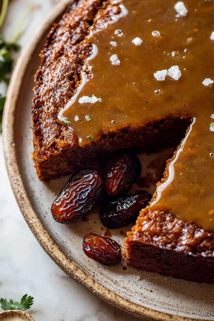 Delicious homemade Date Cake garnished with nuts and served on a plate