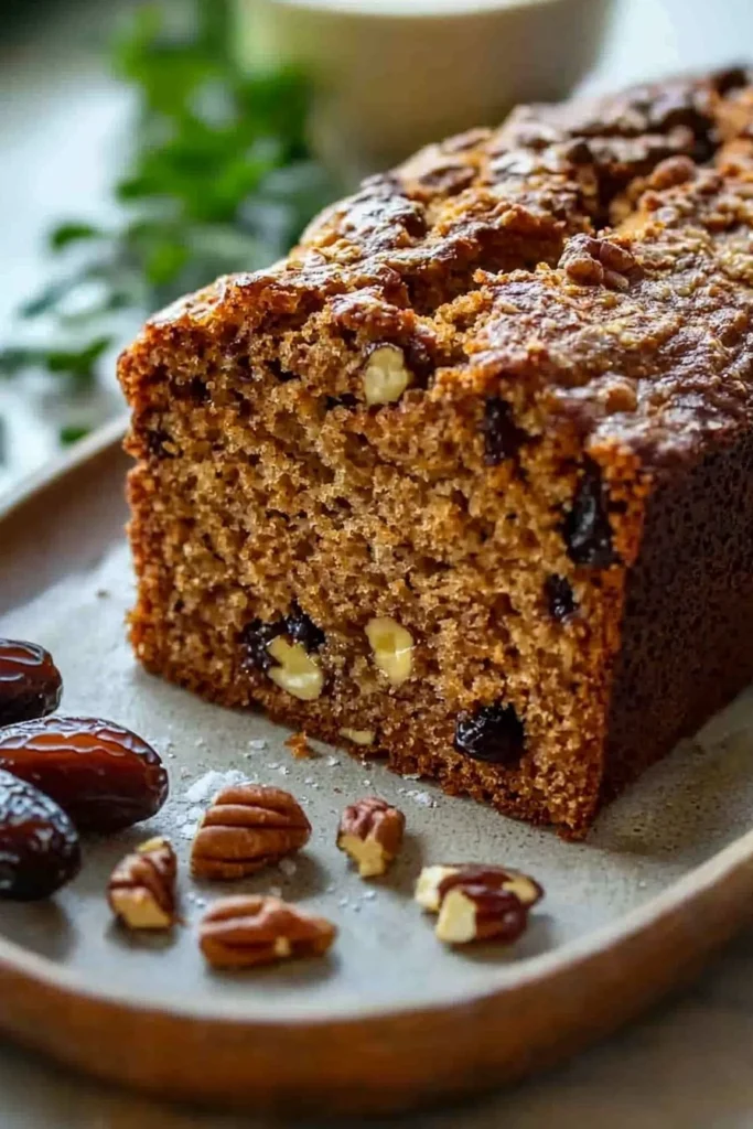 Loaf of freshly baked Date Nut Bread with nuts and dates