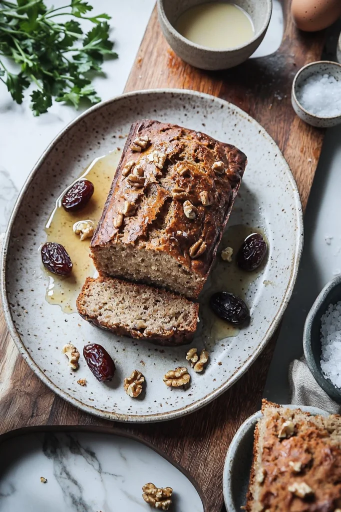Homemade Date Nut Bread with walnuts on a wooden table