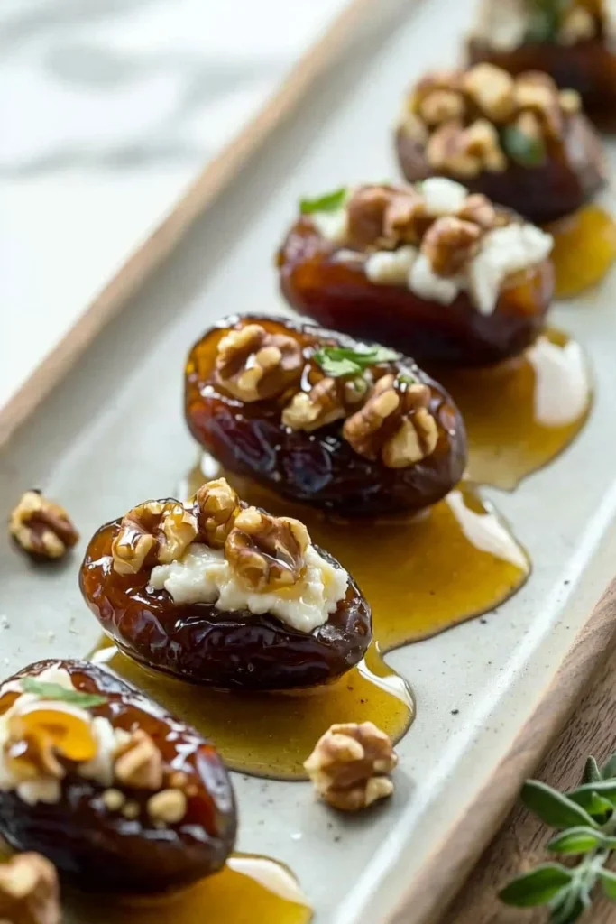 Stuffed dates with goat cheese and walnuts on a serving plate