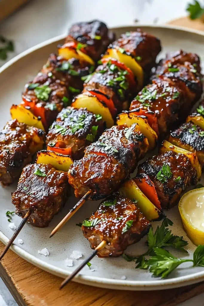 Delicious BBQ skewers served with cowboy butter sauce on a grill