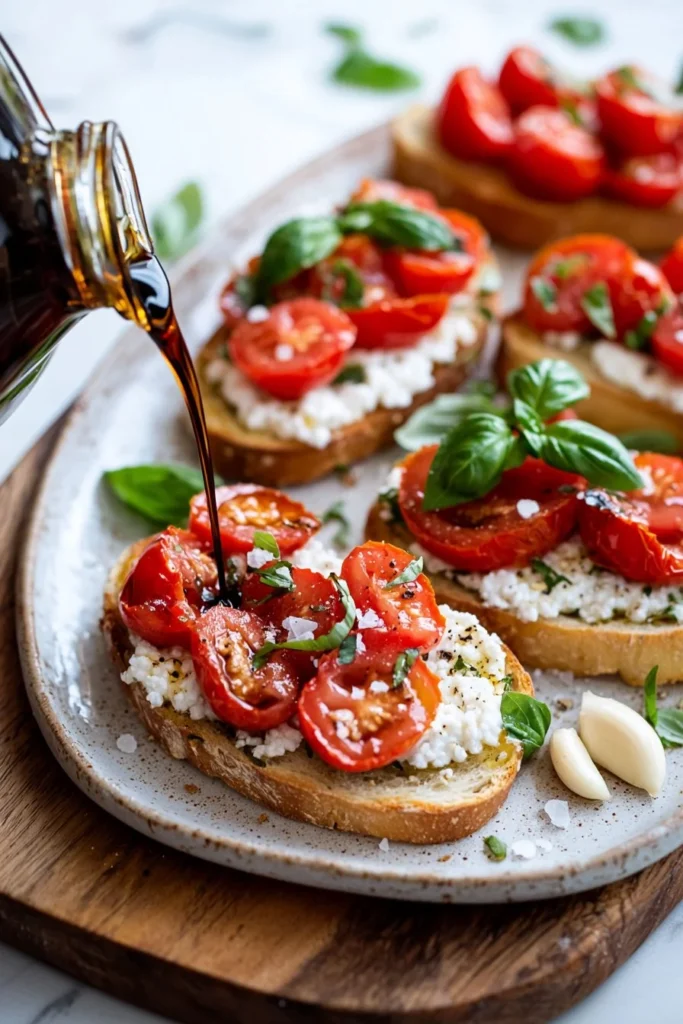 Delicious tomato bruschetta with cottage cheese topping on toasted bread