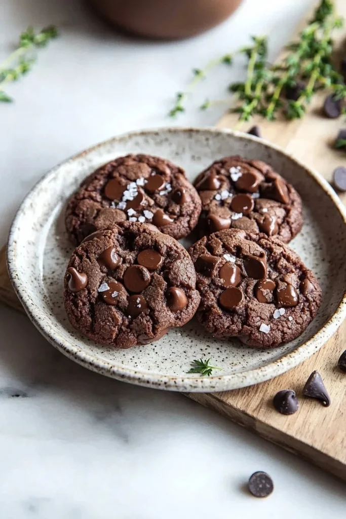 Freshly baked double chocolate chip cookies with gooey chocolate chunks