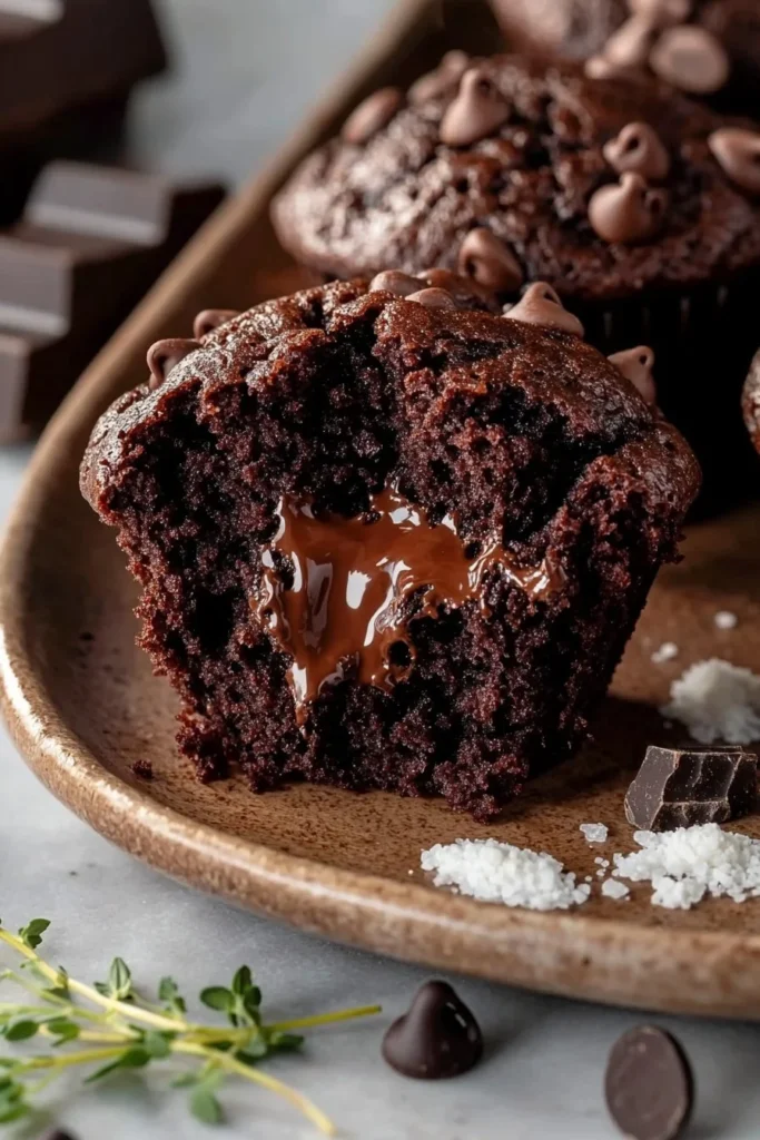 Delicious double chocolate muffins sprinkled with chocolate chips